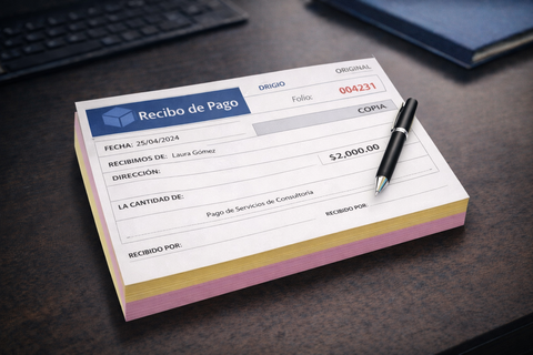 Recibo de pago, media carta, original y 1 copia (Autocopiante), Foliado.